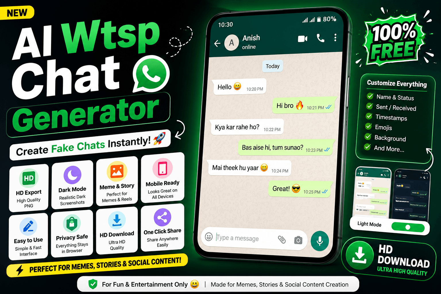 AI Wtsp Chat Generator tool thumbnail for fake chat screenshot creator