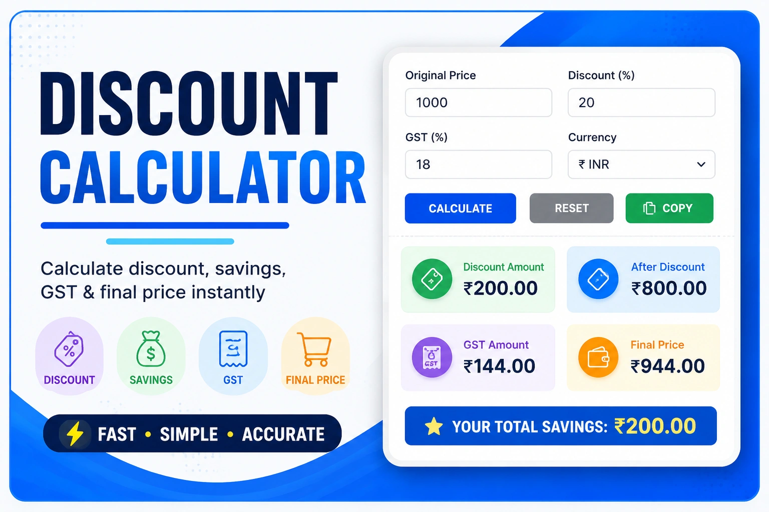 Calculate discount, GST, savings and final price instantly with online discount calculator tool