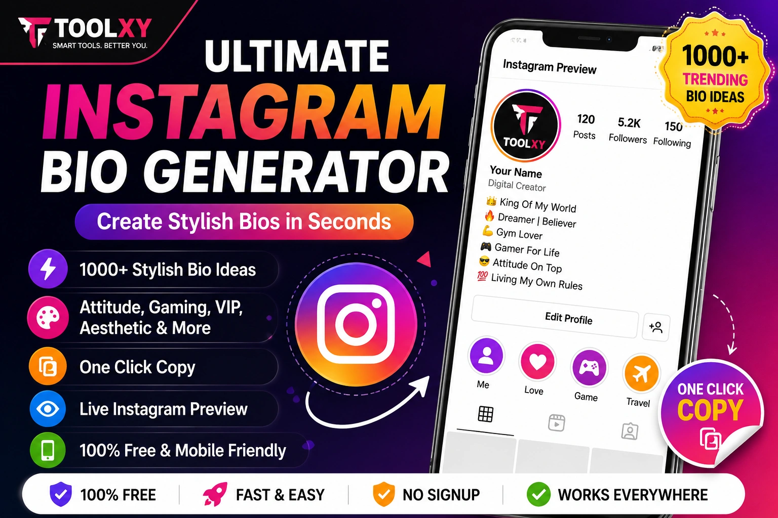 Ultimate Instagram Bio Generator Tool with stylish bio ideas and Instagram preview by Toolxy