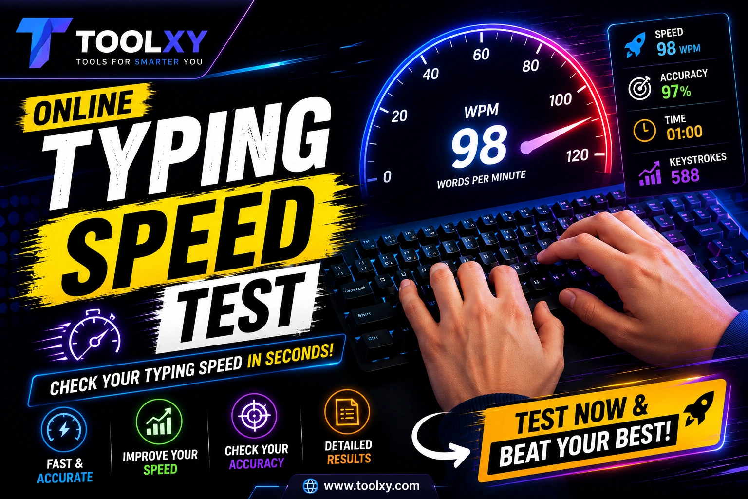 Online typing speed test showing WPM, accuracy and error results on computer screen