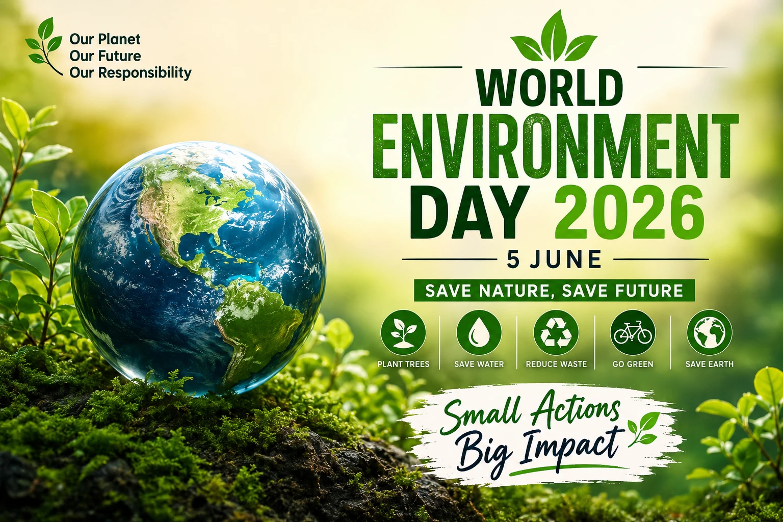 World Environment Day 2026 poster with Earth globe, green plants, save nature message, environmental awareness campaign and sustainability concept