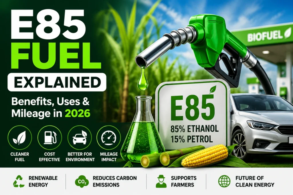 E85 Fuel explained with benefits, uses, mileage impact, ethanol blend composition and future prospects in 2026