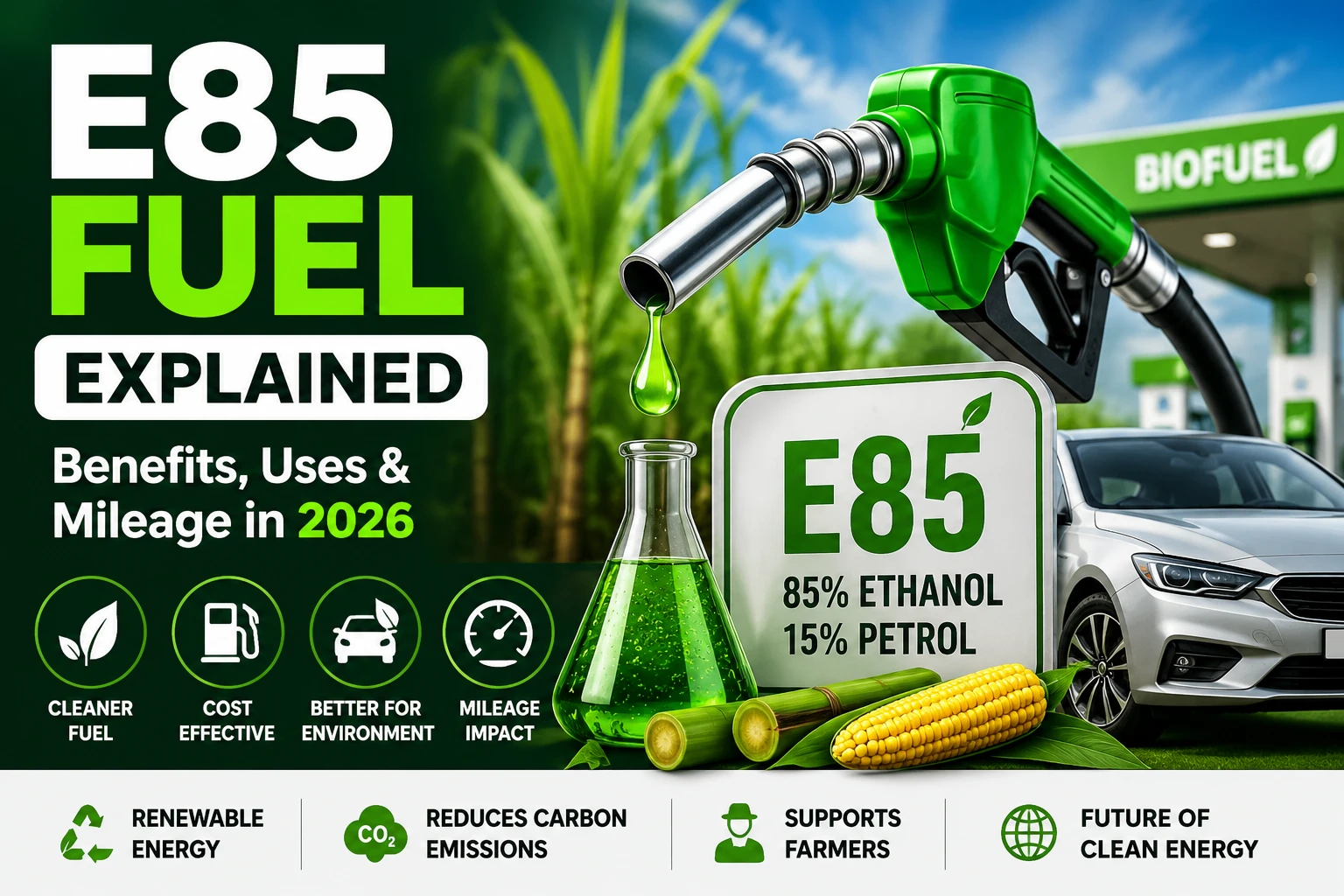 E85 Fuel explained with benefits, uses, mileage impact, ethanol blend composition and future prospects in 2026