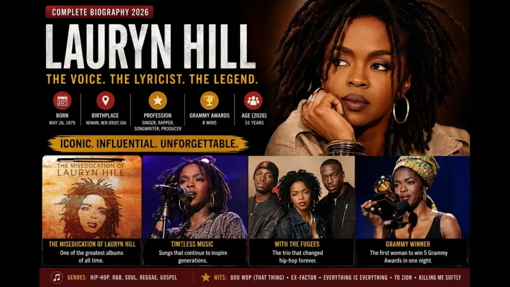 Lauryn Hill biography 2026 featuring the American singer, rapper, songwriter, Grammy Award winner, and Fugees member.