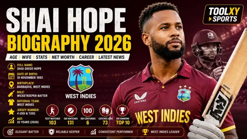 Shai Hope Biography 2026 thumbnail featuring West Indies cricketer Shai Hope with his age, stats, net worth, career and latest cricket news.