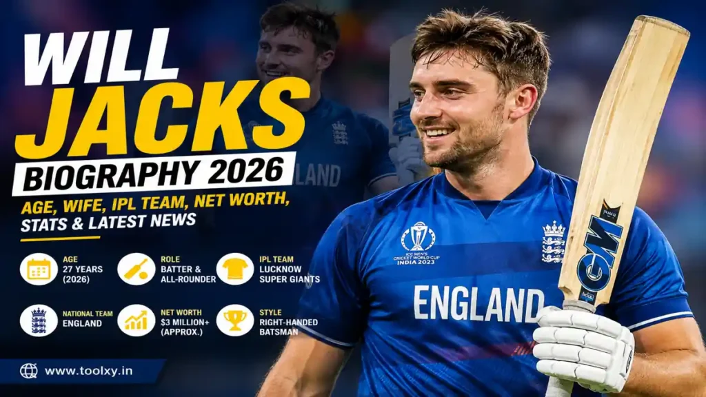 Will Jacks Biography 2026 thumbnail featuring England cricketer Will Jacks with his age, IPL team, career, net worth, cricket stats and latest news.