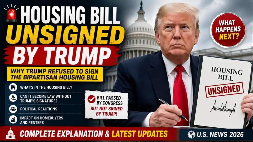 Housing Bill Unsigned by Trump thumbnail showing President Donald Trump with the bipartisan housing bill, U.S. Capitol, and the latest political news update for 2026.