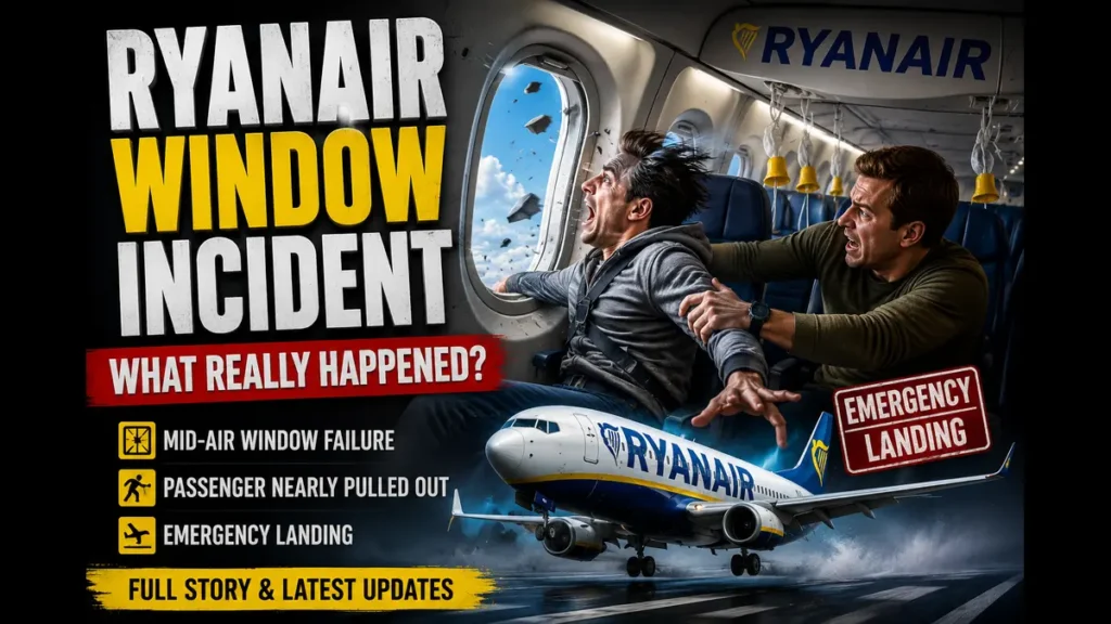 Ryanair Window Incident 2026 thumbnail showing a Ryanair aircraft, damaged passenger window, emergency landing and the latest aviation news update.