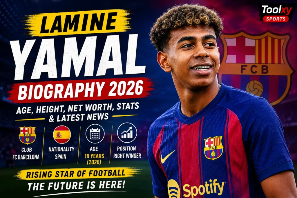Lamine Yamal Biography 2026 thumbnail featuring FC Barcelona star Lamine Yamal with his age, height, net worth, stats and latest football news.