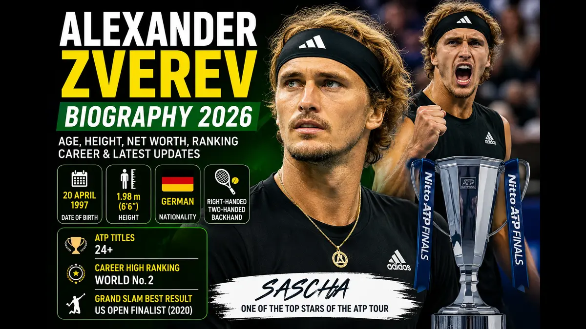 Alexander Zverev Biography 2026 thumbnail featuring German tennis star Alexander Zverev with his age, height, ATP ranking, net worth, career achievements and latest tennis news.