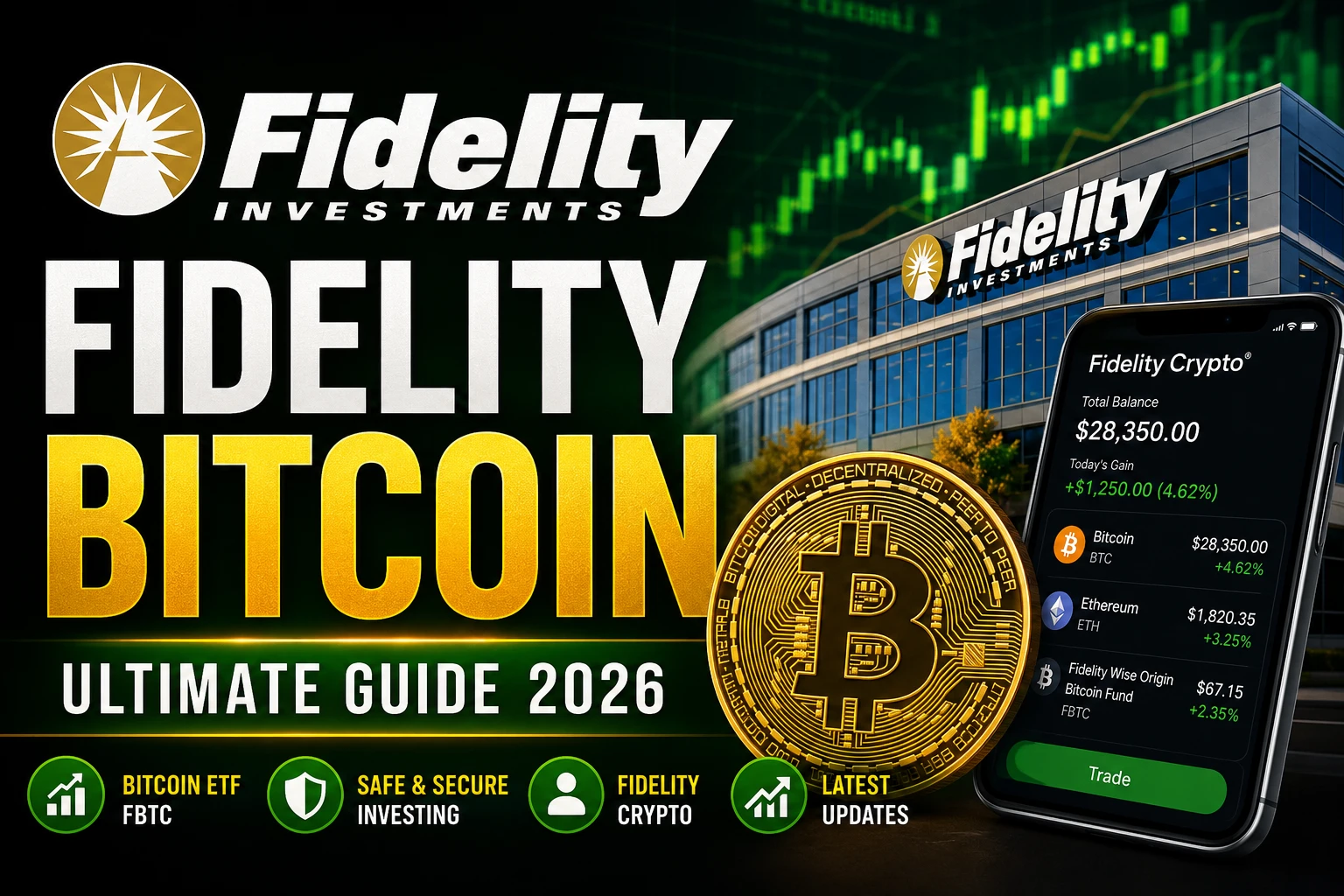 Fidelity Bitcoin Ultimate Guide 2026 featuring the Fidelity Wise Origin Bitcoin Fund (FBTC), Bitcoin ETF, Fidelity Crypto platform, and Bitcoin investment updates.