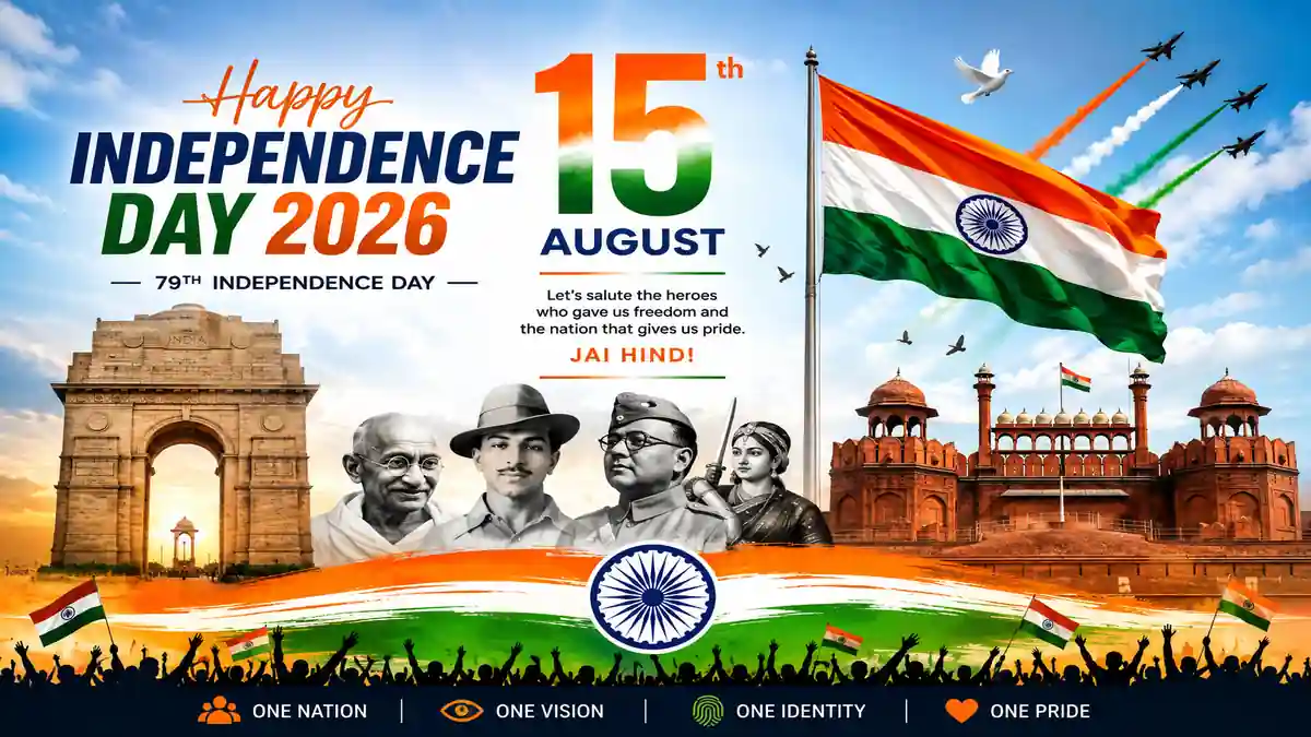 Independence Day Status 2026 with Indian flag, Red Fort, patriotic quotes, WhatsApp status, Instagram captions and Jai Hind messages