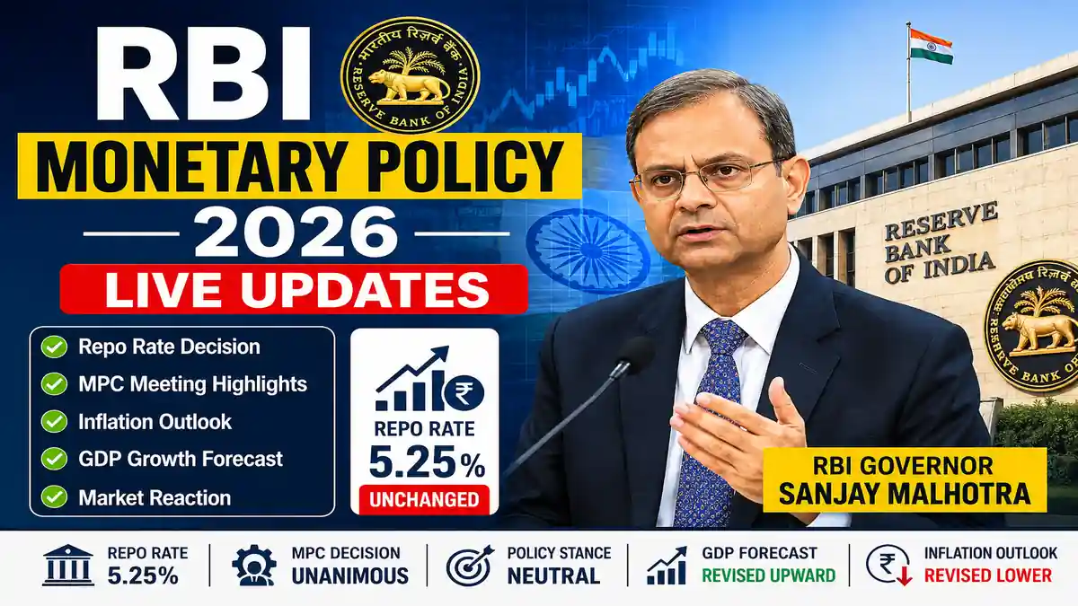 RBI Monetary Policy 2026 Live Updates showing repo rate 5.25%, MPC meeting, RBI Governor Sanjay Malhotra, inflation outlook and GDP forecast