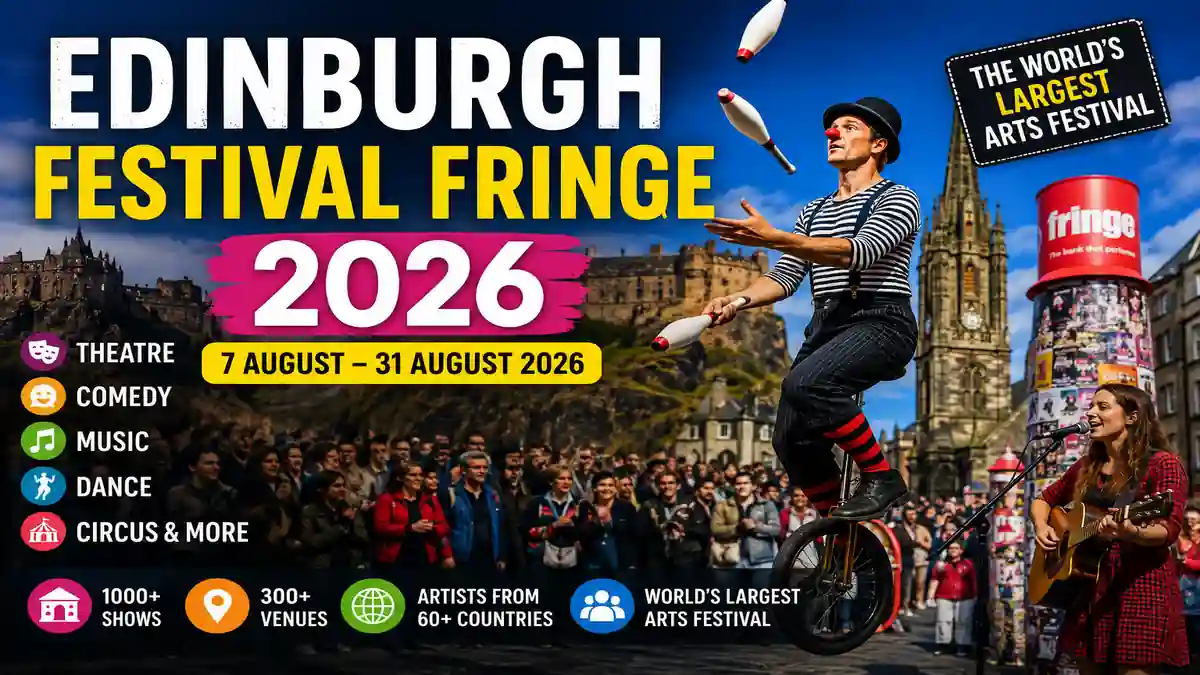 Edinburgh Festival Fringe 2026 featuring comedy shows, theatre performances, live music, street artists, Edinburgh Castle, and festival crowds in Scotland