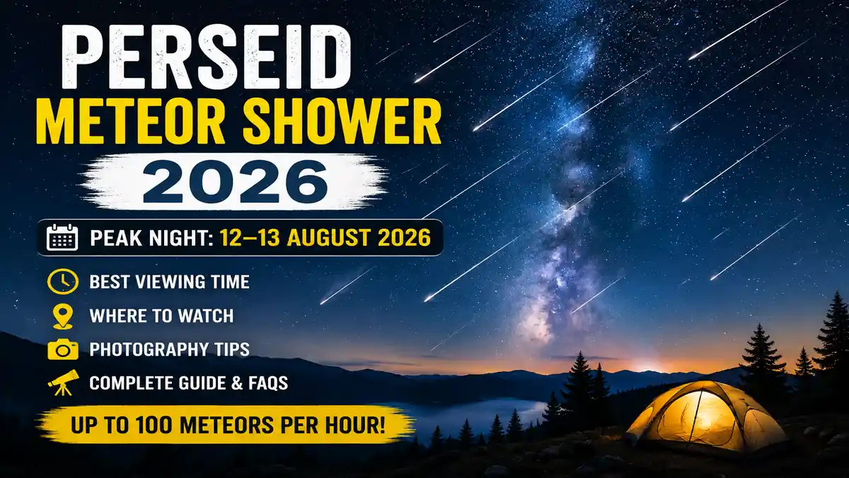 Perseid Meteor Shower 2026 with bright shooting stars, Milky Way, night sky, peak on 12–13 August, stargazing and astronomy event