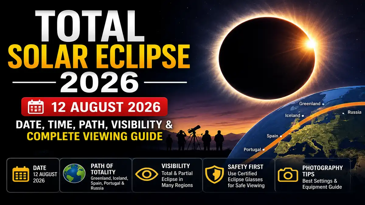 Total Solar Eclipse 2026 showing the Moon covering the Sun, solar corona, path of totality, eclipse map and astronomy event