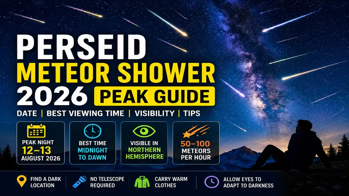 Perseid Meteor Shower 2026 Peak Guide showing bright shooting stars across the Milky Way during the peak night with stargazing tips