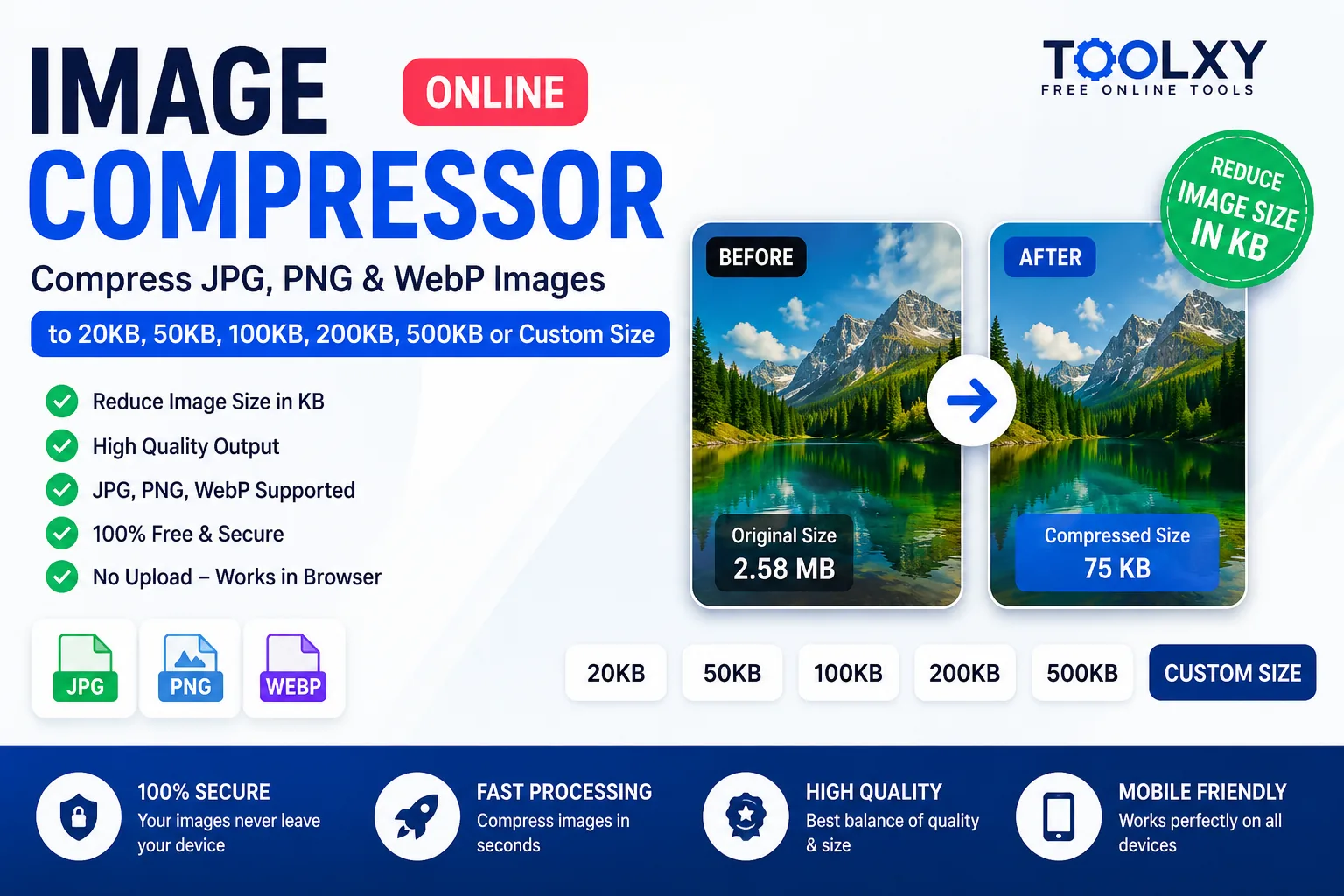 Image Compressor Online to compress JPG PNG and WebP images to custom KB size
